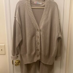 Free People Hailee Beige Chunky Knit Button-Up Cardigan and Pant Set